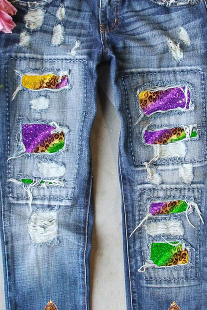 Mardi Gras Sequin Distressed Straight Jeans - Kalizeh