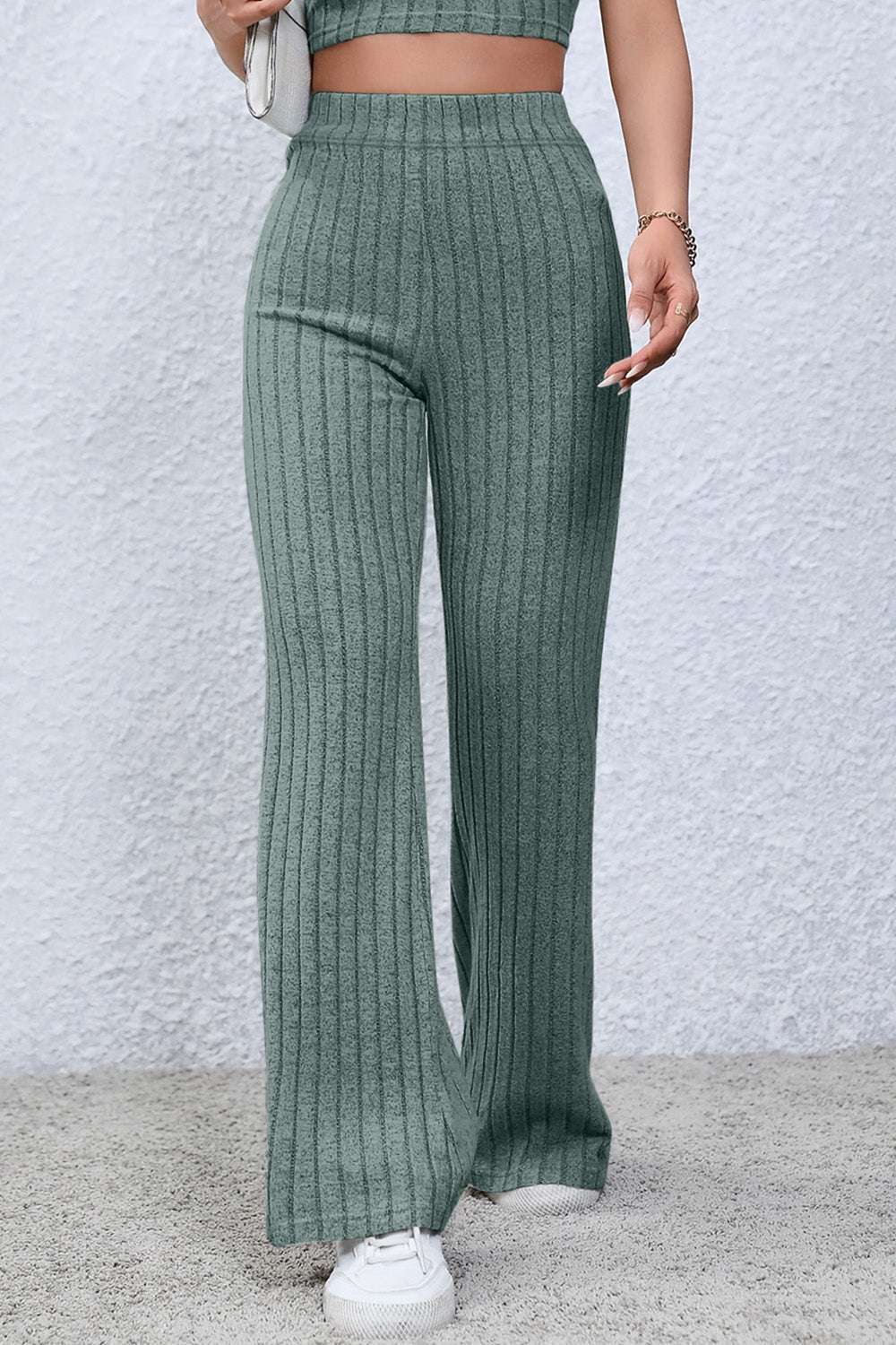 Basic Bae Full Size Ribbed High Waist Flare Pants - Kalizeh