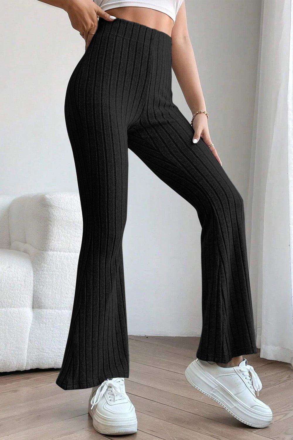 Basic Bae Full Size Ribbed High Waist Flare Pants - Kalizeh