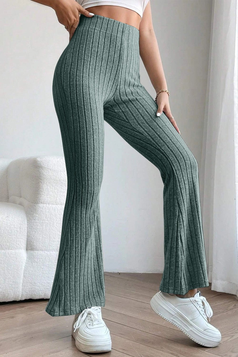 Basic Bae Full Size Ribbed High Waist Flare Pants - Kalizeh