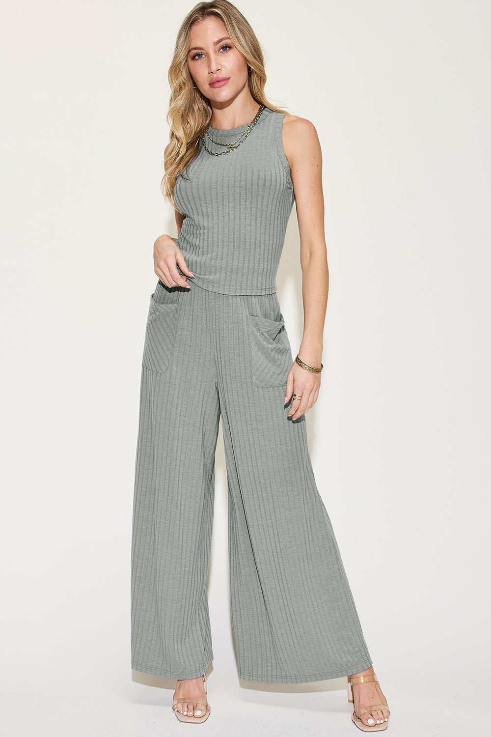 Basic Bae Full Size Ribbed Tank and Wide Leg Pants Set - Kalizeh