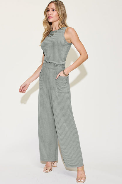 Basic Bae Full Size Ribbed Tank and Wide Leg Pants Set - Kalizeh