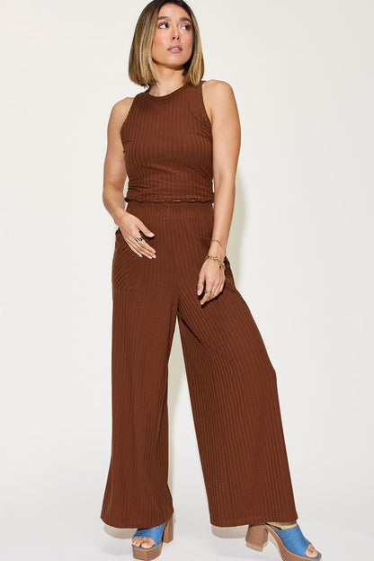 Basic Bae Full Size Ribbed Tank and Wide Leg Pants Set - Kalizeh