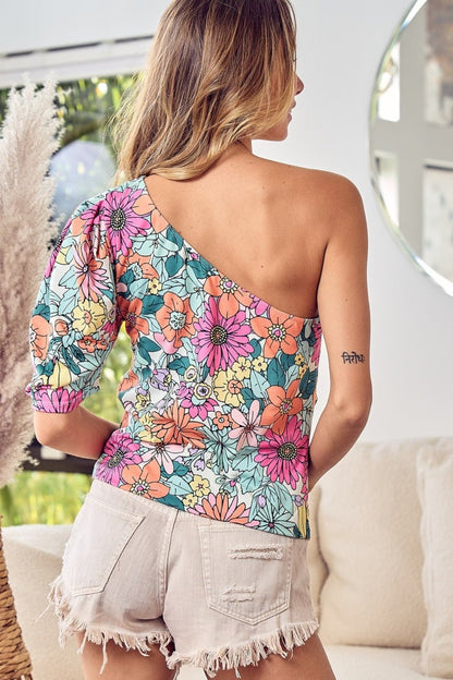 BiBi Floral Puff Sleeve One Shoulder Top - Kalizeh