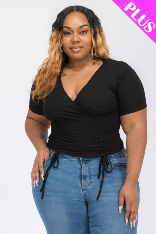 Black Plus Size Ribbed Ruched Drawstring Surplice Top - Kalizeh