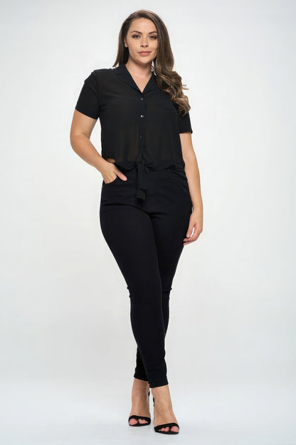 Black Plus Size Solid Chiffon Button Down Tie Front Short Sleeve Top - Kalizeh