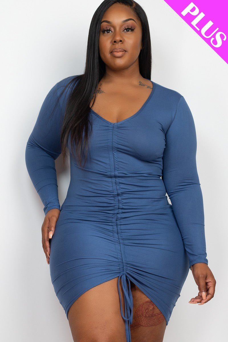 Blue Haze Plus Size Ruched Front Long Sleeve Dress - Kalizeh