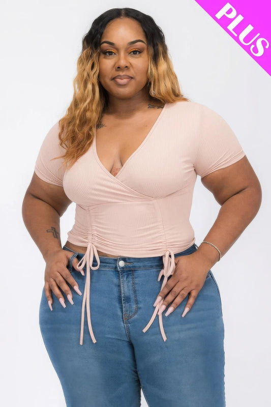 Blush Plus Size Ribbed Ruched Drawstring Surplice Top - Kalizeh