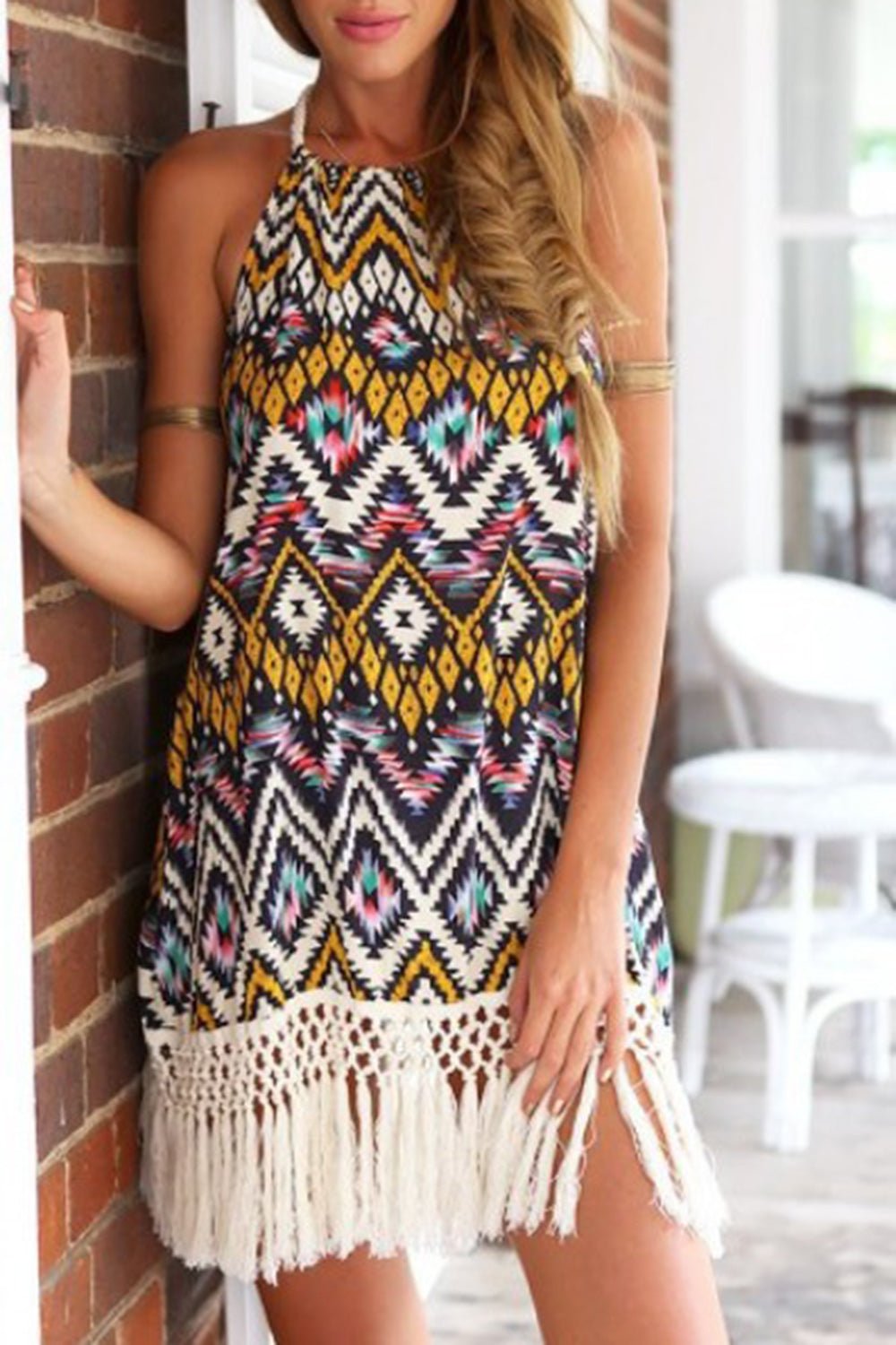 Boho Tassel Printed Halter Neck Mini Dress - Kalizeh