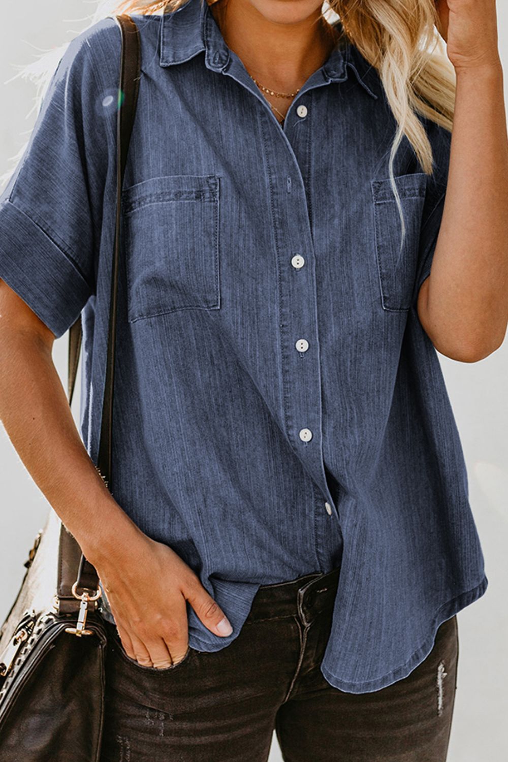 Button Up Short Sleeve Denim Shirt - Kalizeh