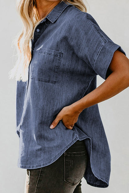 Button Up Short Sleeve Denim Shirt - Kalizeh