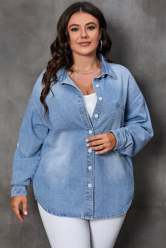 Buttoned Stretch-Free Plus Size Denim Top - Kalizeh