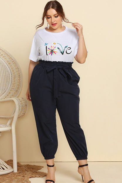 Casual Curvey Graphic Tee and Belted Joggers Set - Kalizeh