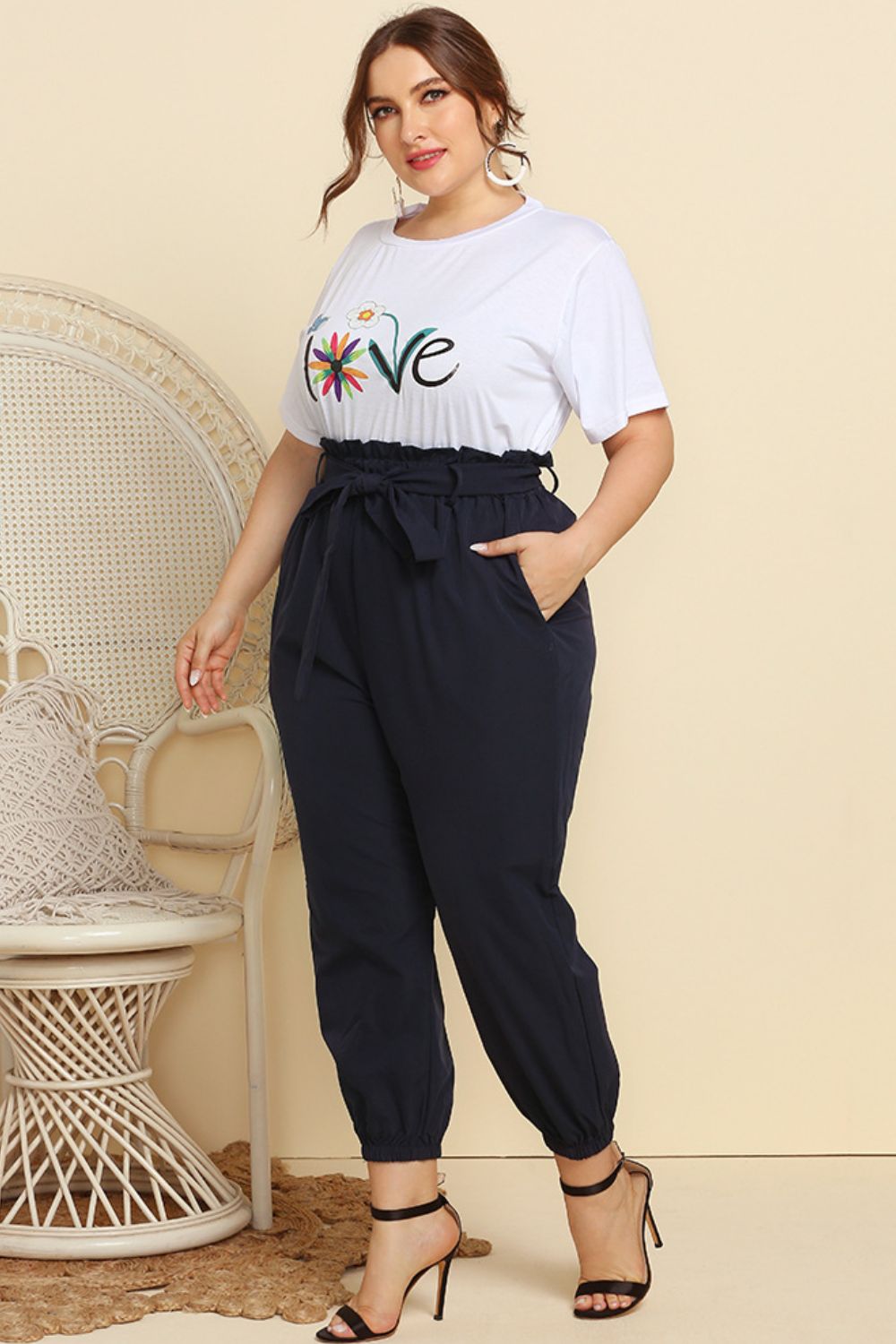 Casual Curvey Graphic Tee and Belted Joggers Set - Kalizeh