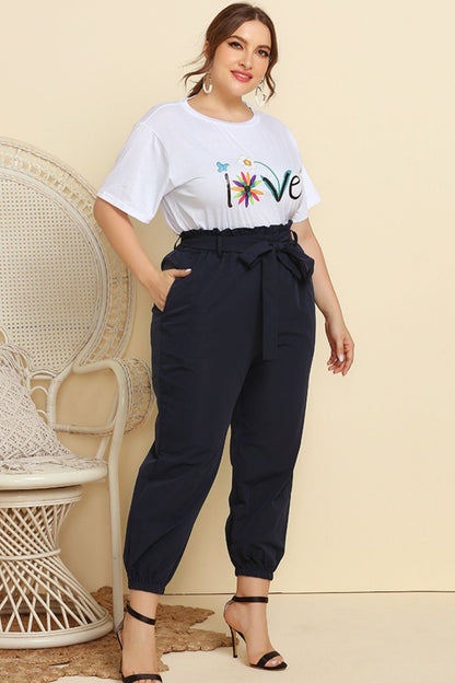 Casual Curvey Graphic Tee and Belted Joggers Set - Kalizeh