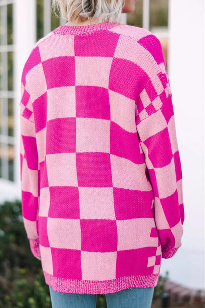 Checkered Open Front Long Sleeve Cardigan - Kalizeh