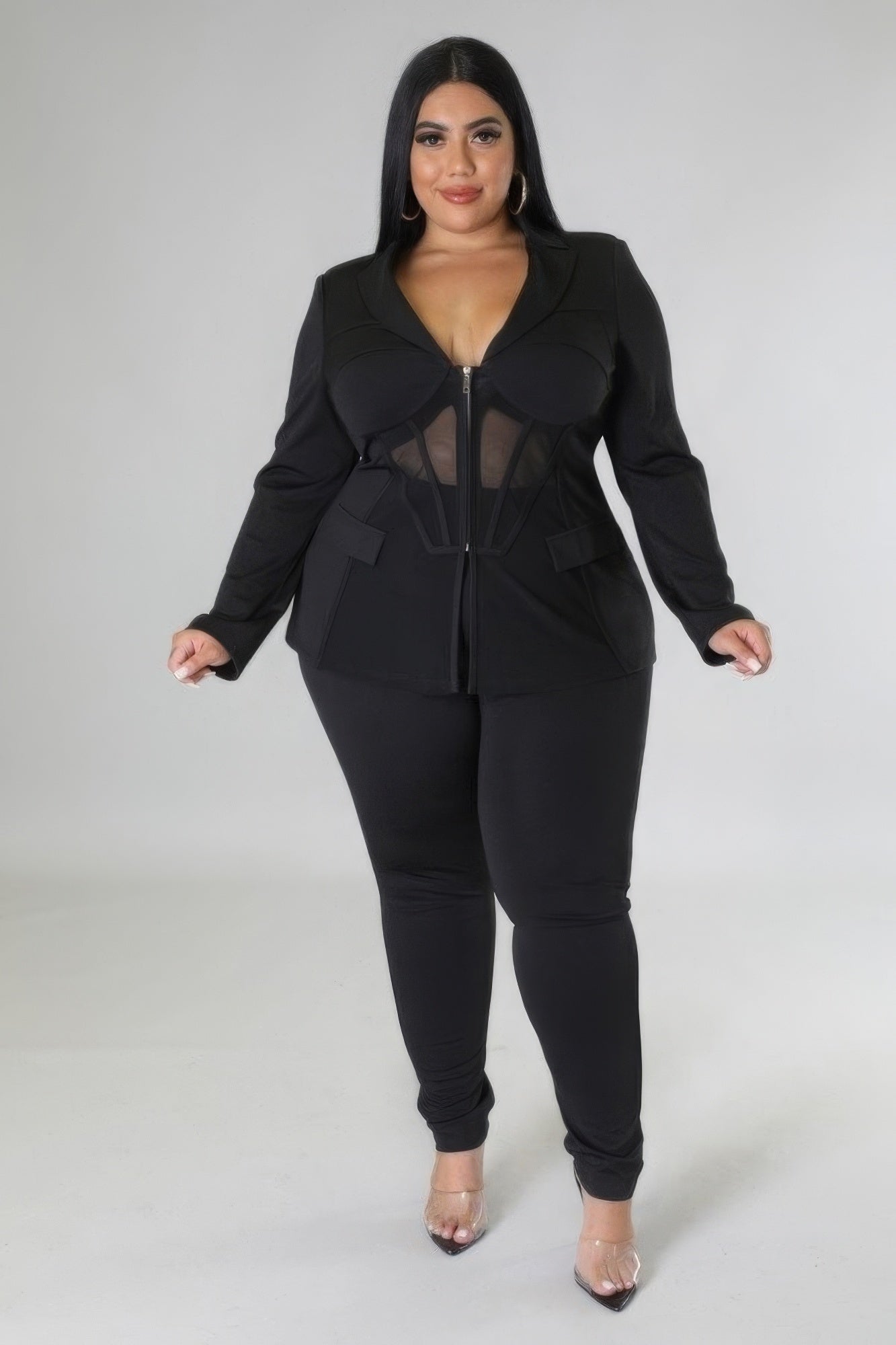 Chic Comfort: Plus Size Collared Long Sleeve Set - Kalizeh