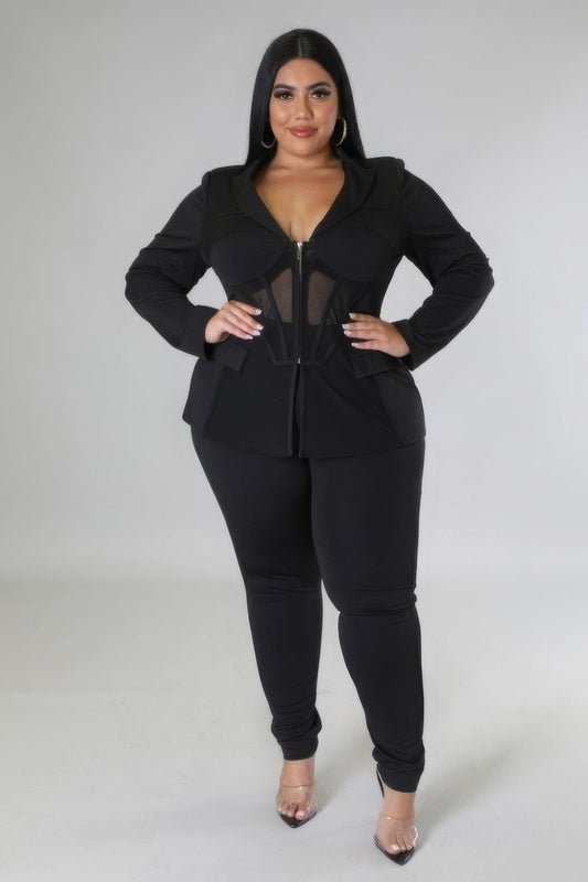 Chic Comfort: Plus Size Collared Long Sleeve Set - Kalizeh