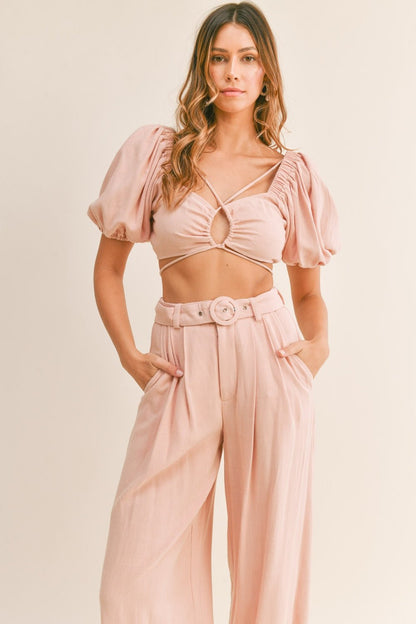 Chic Cut-Out Crop Top and Belted Pants Set - Kalizeh