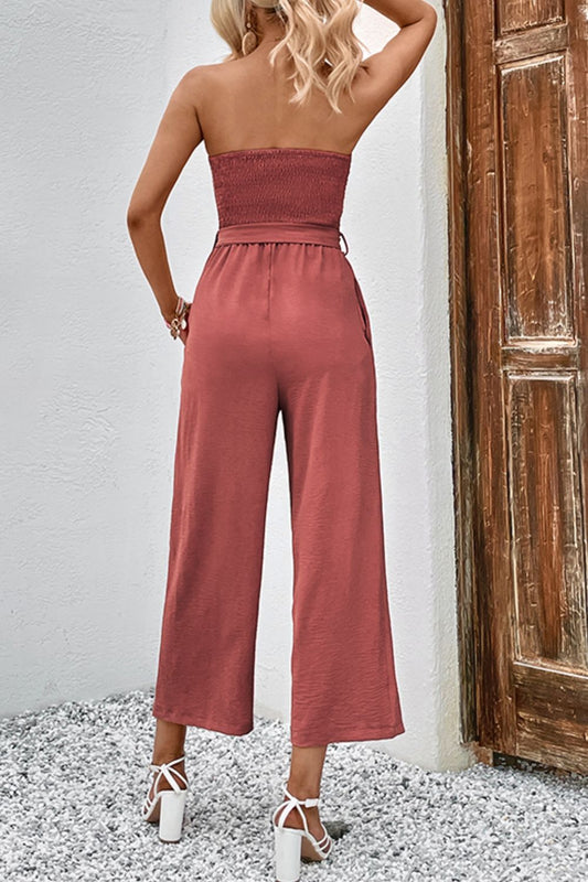 Chic Elegance Buttoned Smocked Strapless Jumpsuit - Kalizeh