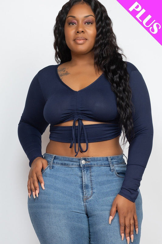 Chic Navy Plus Size Drawstring Ruched Cutout Crop Top - Kalizeh