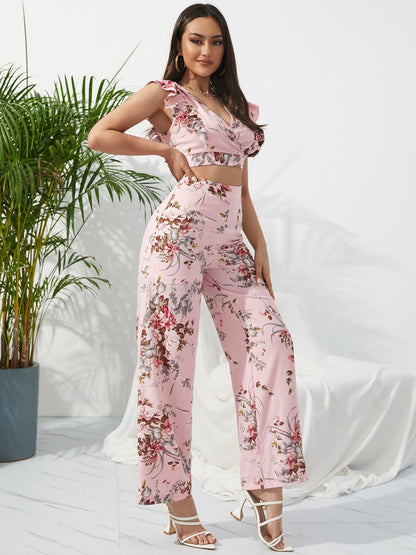 Chic Printed Surplice Cap Sleeve Top and Pants Set - Kalizeh