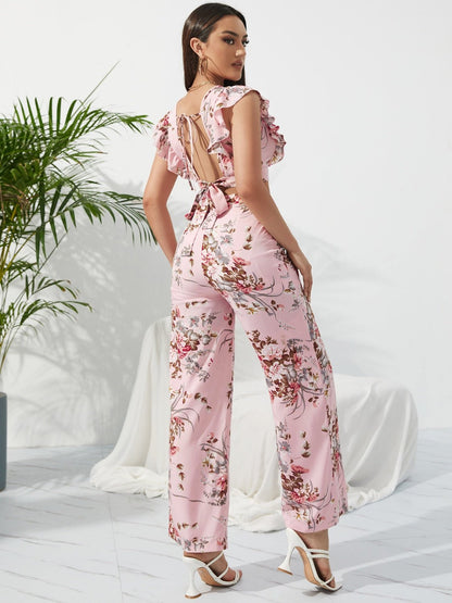 Chic Printed Surplice Cap Sleeve Top and Pants Set - Kalizeh