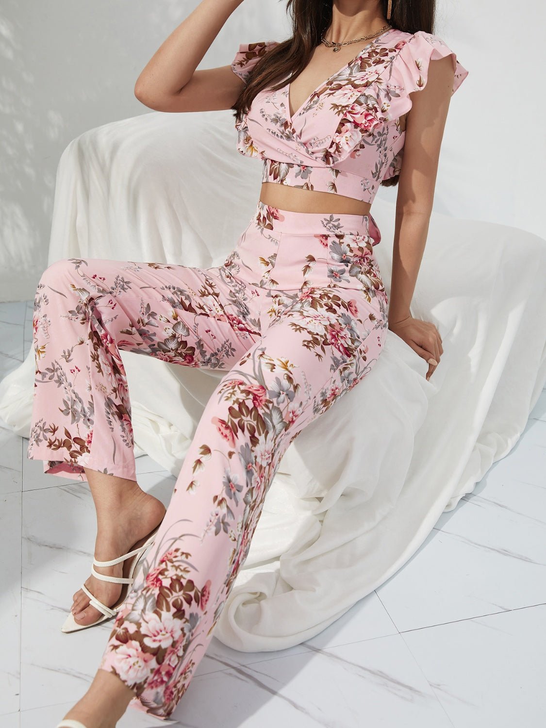 Chic Printed Surplice Cap Sleeve Top and Pants Set - Kalizeh