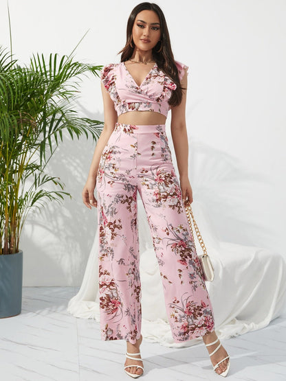 Chic Printed Surplice Cap Sleeve Top and Pants Set - Kalizeh