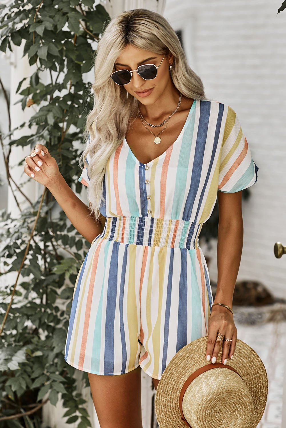 Chic Striped V-Neck Romper with Smocked Waist - Kalizeh