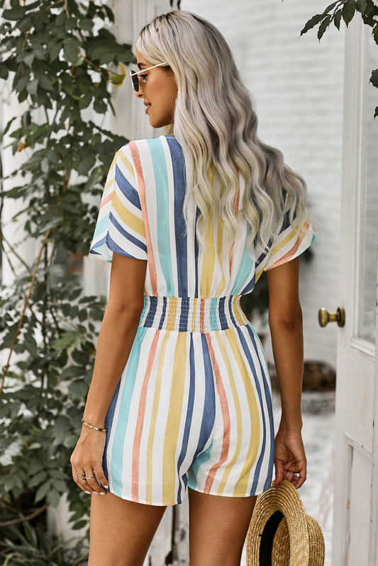 Chic Striped V-Neck Romper with Smocked Waist - Kalizeh