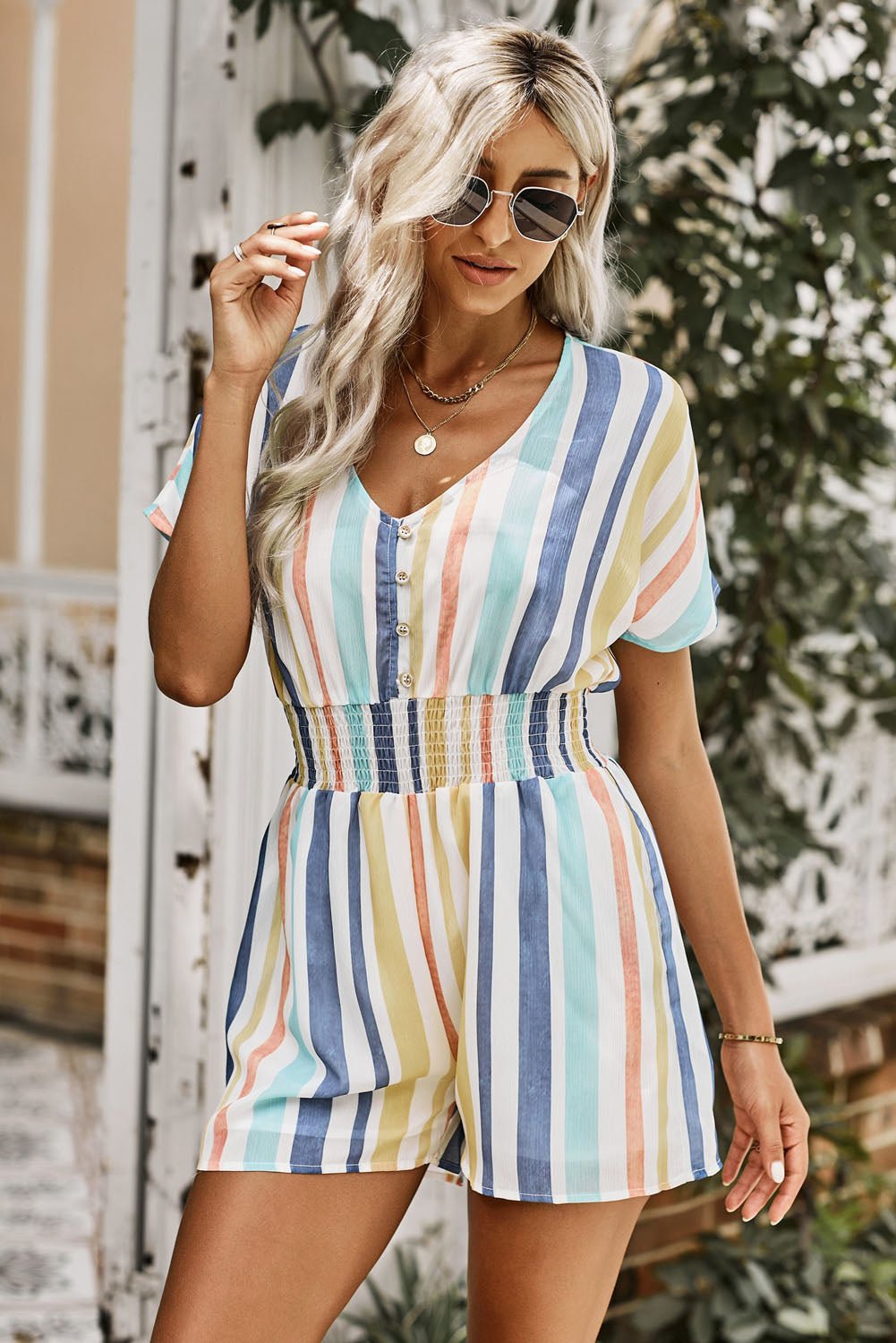 Chic Striped V-Neck Romper with Smocked Waist - Kalizeh