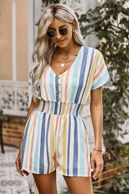 Chic Striped V-Neck Romper with Smocked Waist - Kalizeh