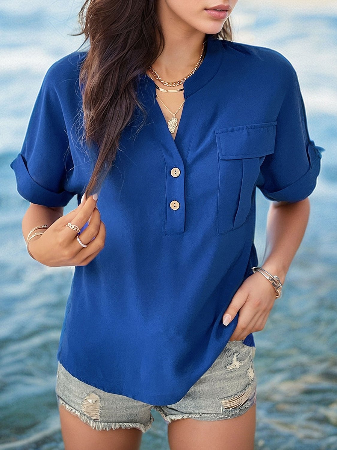 Classic Notched Short Sleeve Blouse - Kalizeh