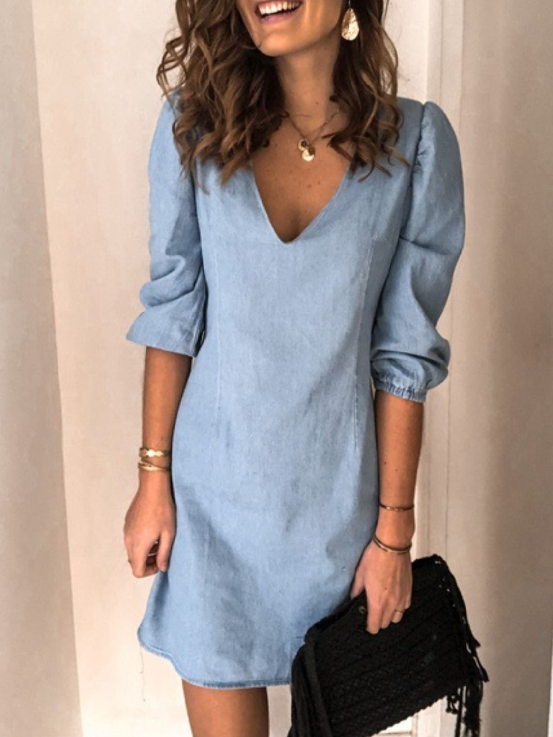 Classic V-Neck Half Sleeve Denim Dress - Kalizeh