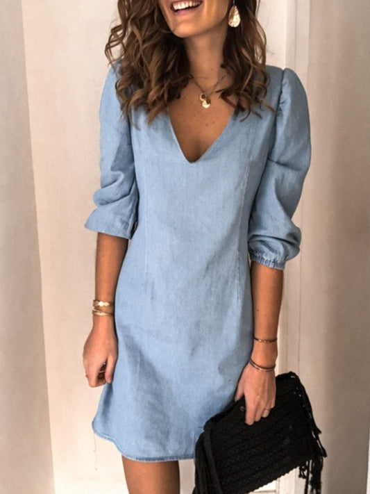 Classic V-Neck Half Sleeve Denim Dress - Kalizeh