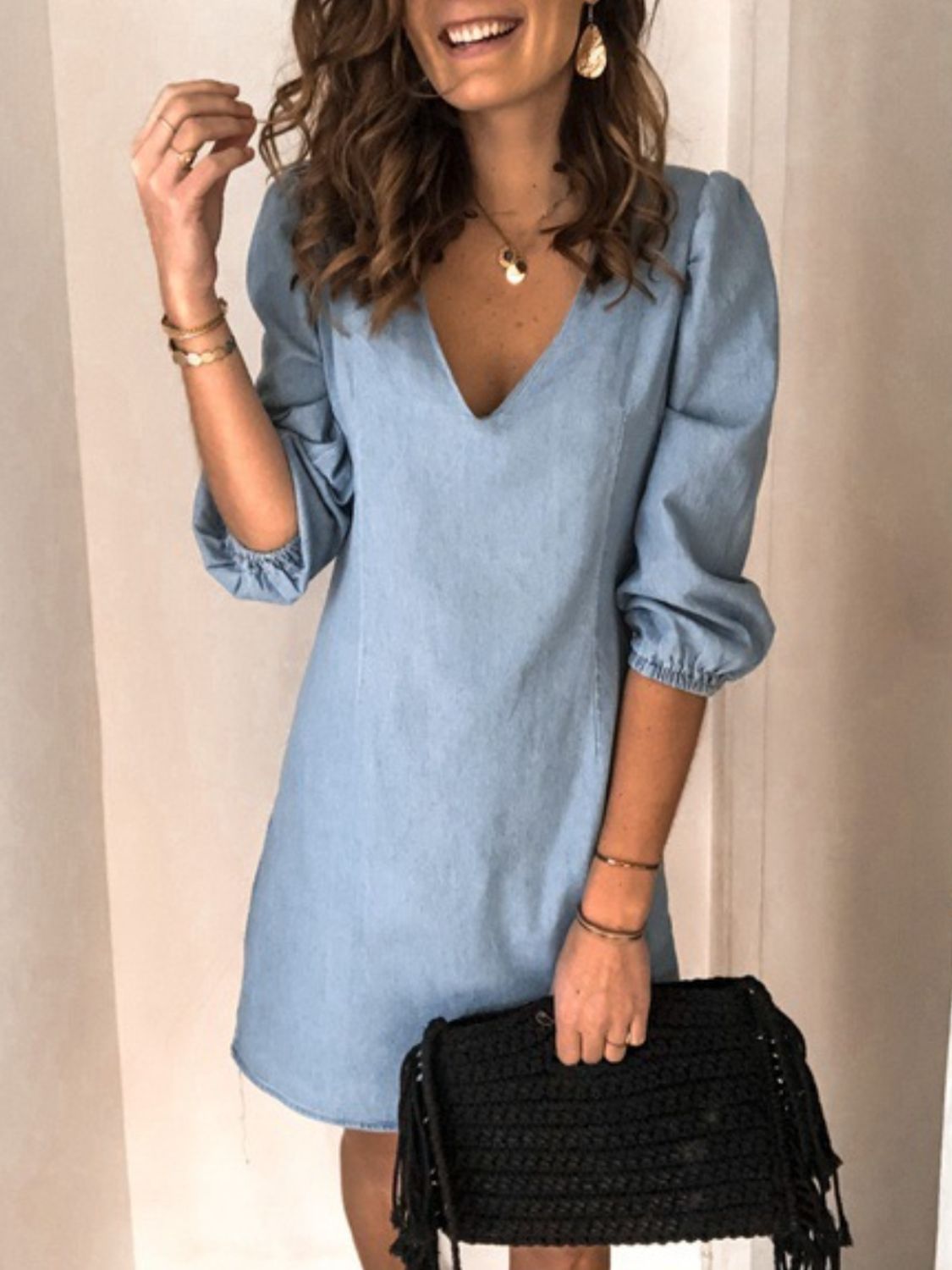 Classic V-Neck Half Sleeve Denim Dress - Kalizeh