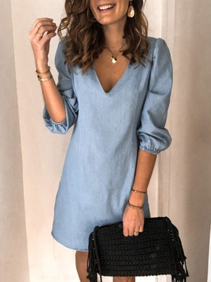 Classic V-Neck Half Sleeve Denim Dress - Kalizeh