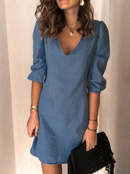 Classic V-Neck Half Sleeve Denim Dress - Kalizeh