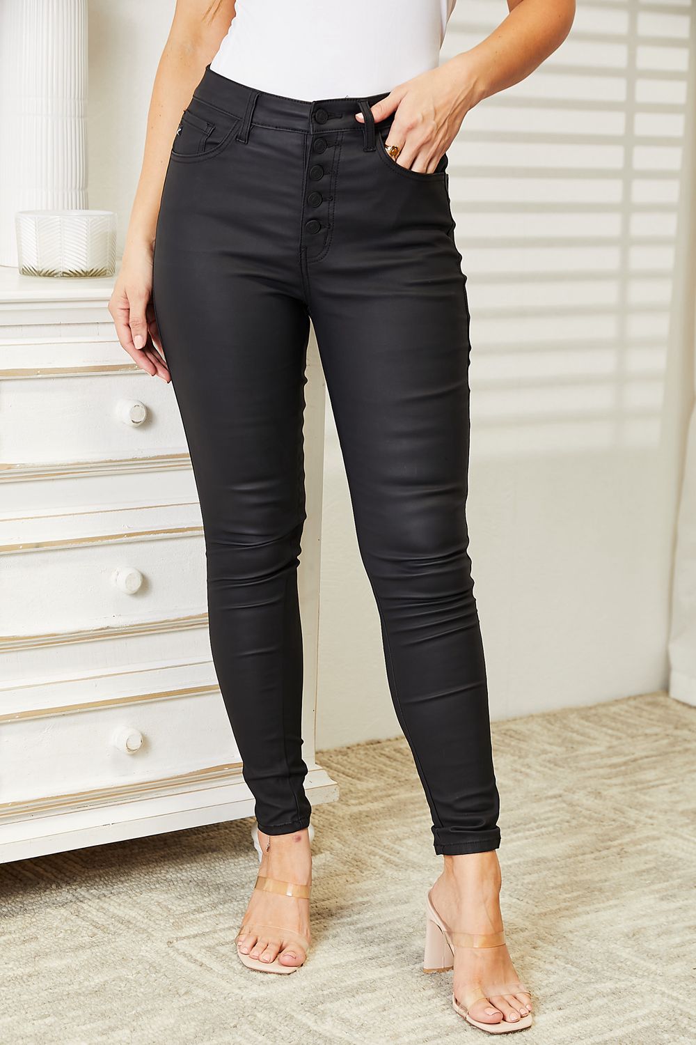 Coated Black High Rise Skinny Jeans - Kalizeh