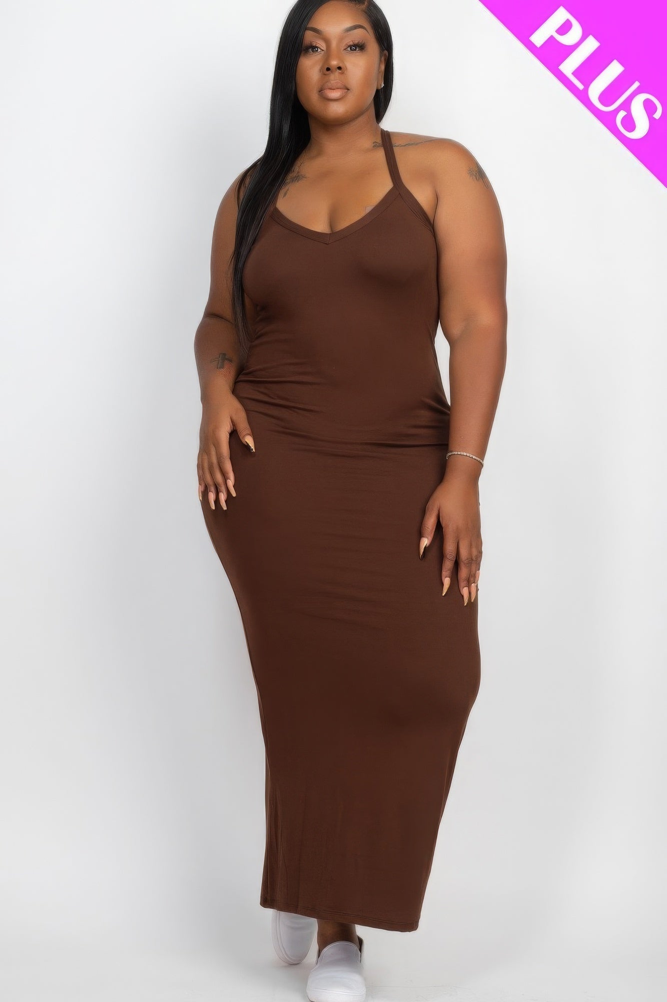 Coffee Sleeveless V-Neck Maxi Dress - Kalizeh