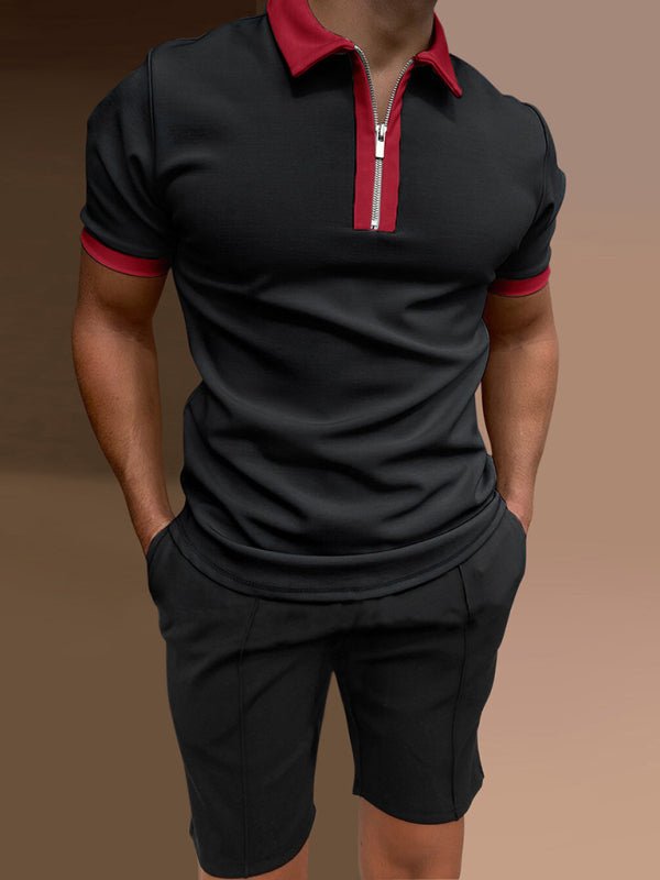 Contrast Lapel Zip-Up Polo Shirt & Shorts Set - Kalizeh