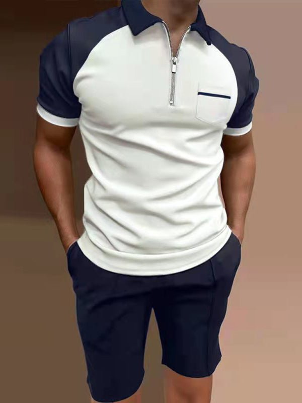 Contrast Lapel Zip-Up Polo Shirt & Shorts Set - Kalizeh