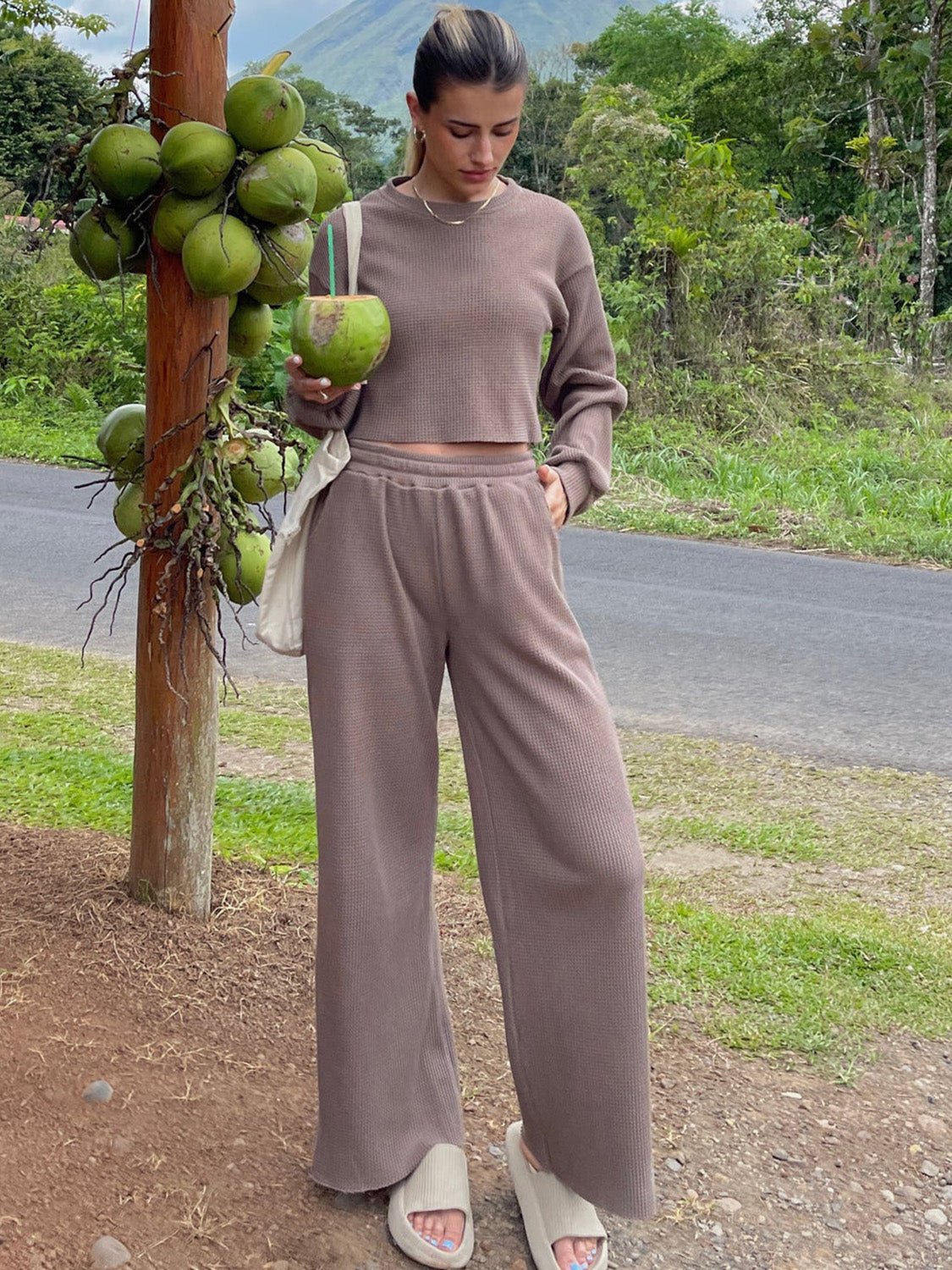 Cozy Chic Waffle-Knit Top and Pants Set - Kalizeh