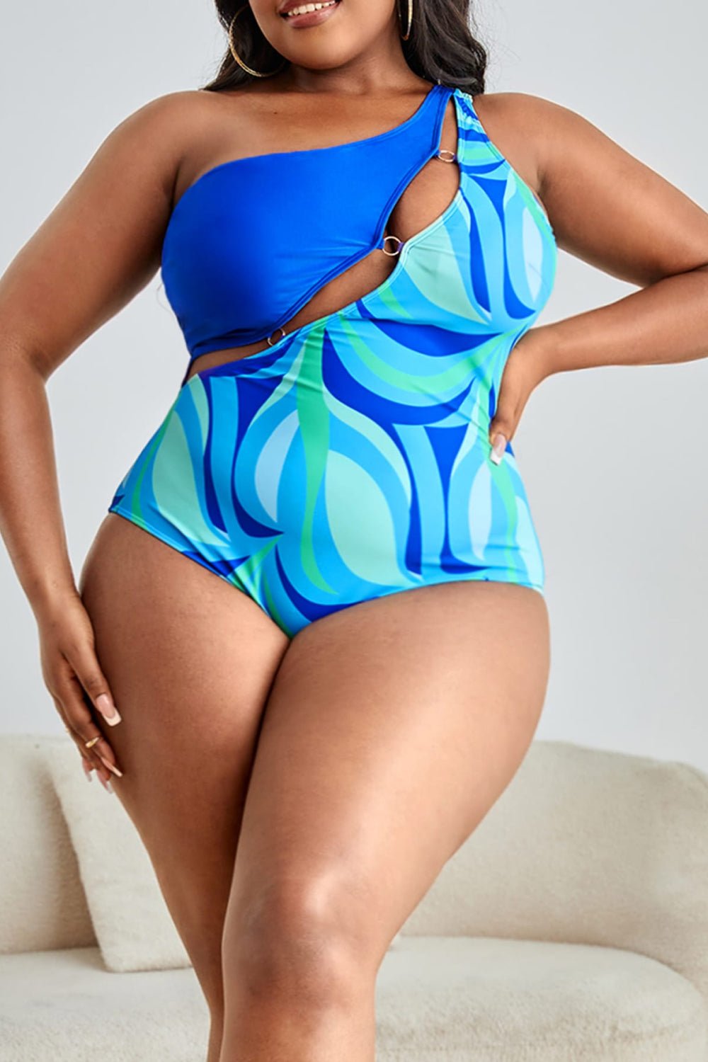 Curved Ring Detail Plus Size One-Shoulder Swimsuit - Kalizeh