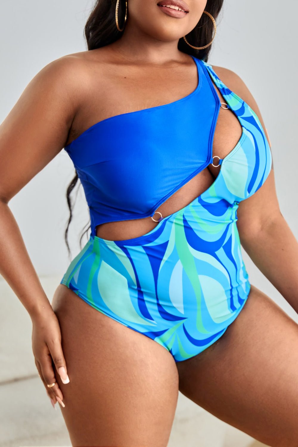 Curved Ring Detail Plus Size One-Shoulder Swimsuit - Kalizeh