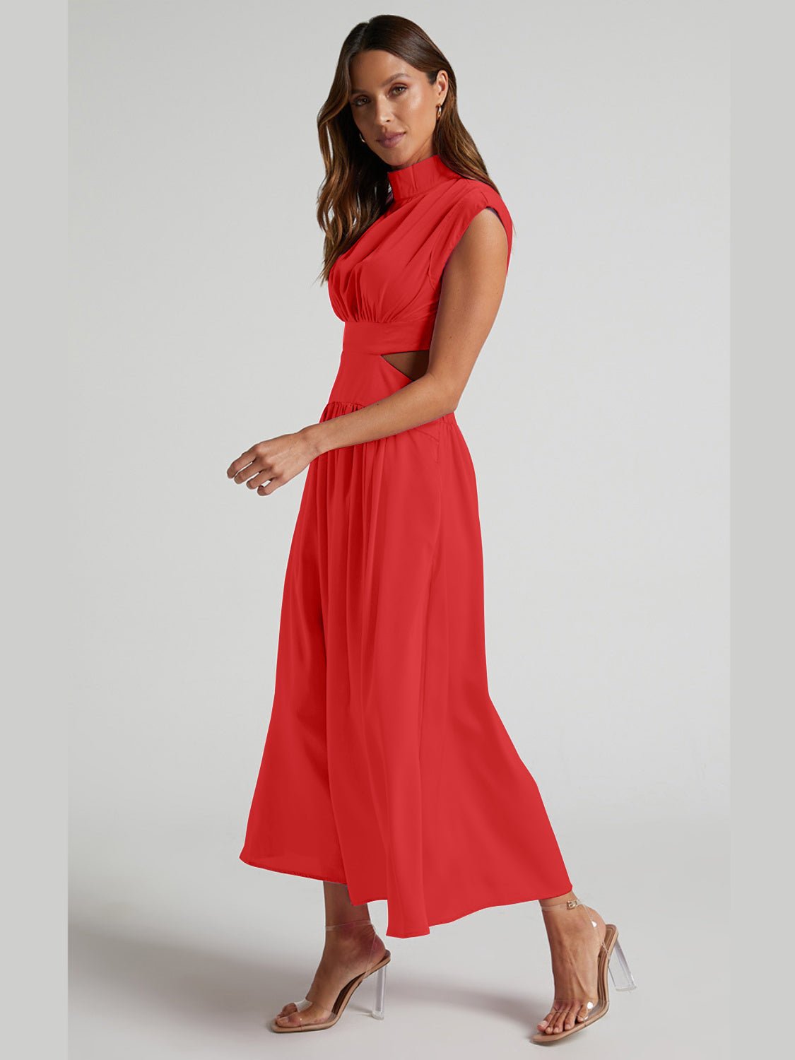 Cutout Mock Neck Sleeveless Ruched Dress - Kalizeh