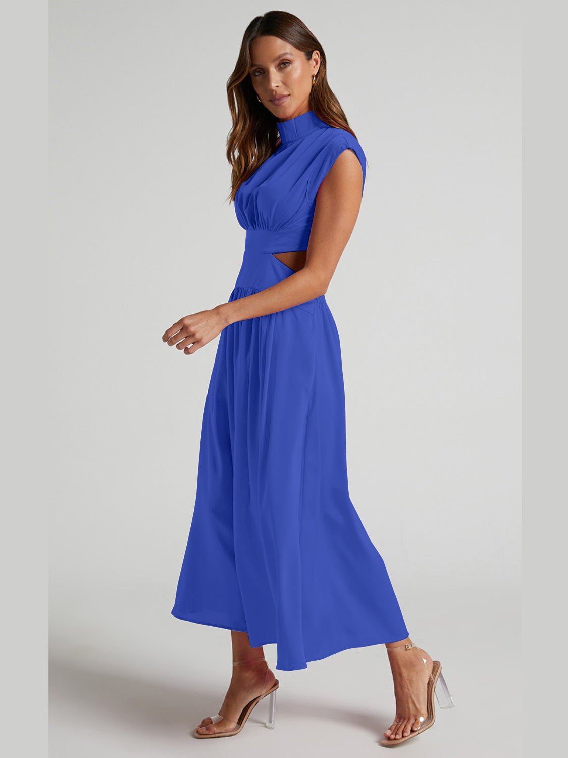 Cutout Mock Neck Sleeveless Ruched Dress - Kalizeh