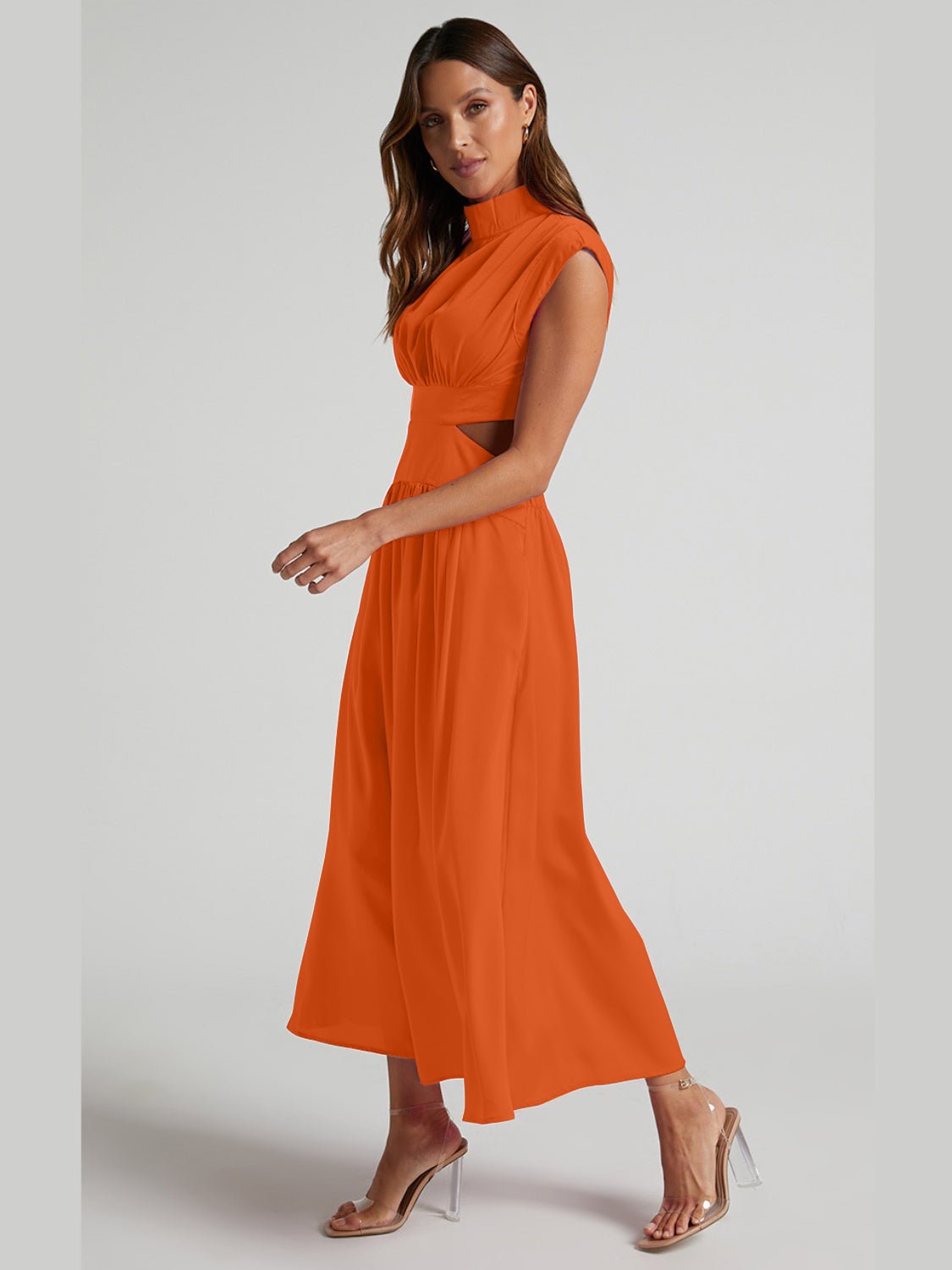 Cutout Mock Neck Sleeveless Ruched Dress - Kalizeh