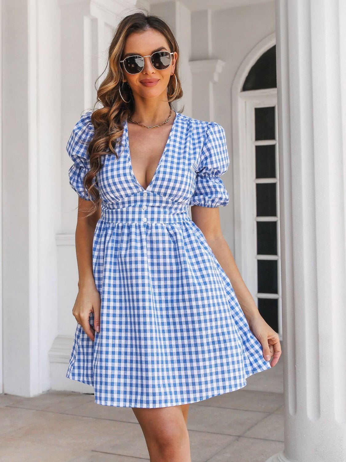 Decorative Button Plaid Short Sleeve Dress - Kalizeh